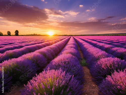  Vibrant rows of lavender fields stretching endlessly under a beautiful sky in a rural landscape. 