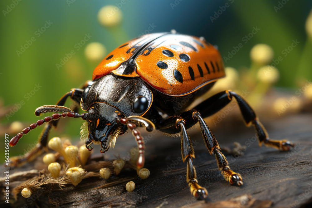 Fototapeta premium A beetle with intricate mandibles and antennae, illustrating the diversity within insect species. Generative Ai.