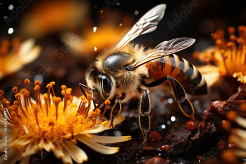 A bee covered in pollen, collecting nectar from a field of wildflowers. Concept of vital pollinators. Generative Ai. © Sebastian