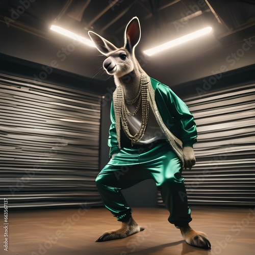 A hip-hop kangaroo in baggy pants and bling, showing off dance moves1 photo