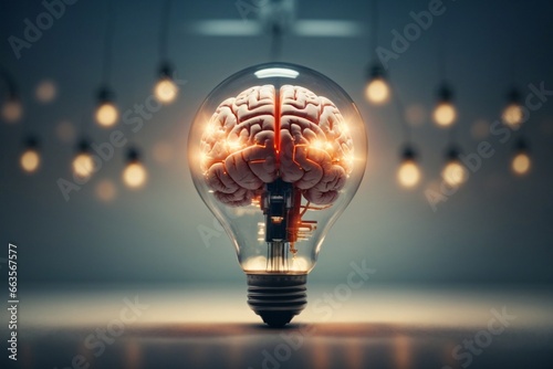 Concept of a brain and a light bulb, showing futuristic and technologically advanced image photo