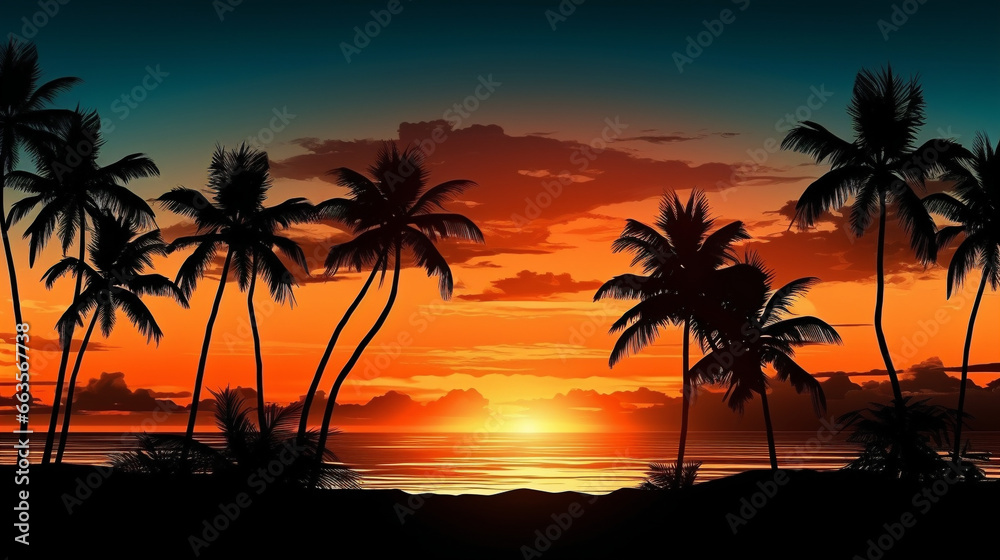 A beautiful tropical sunrise illuminates the silhouette of palm trees, casting a tranquil atmosphere.