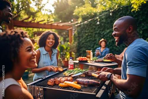 Diverse group of friends having a BBQ in their backyard 