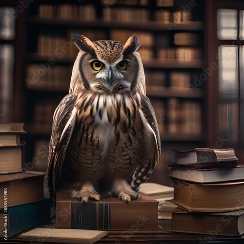 A wise owl in a professor's attire, surrounded by books and a chalkboard1