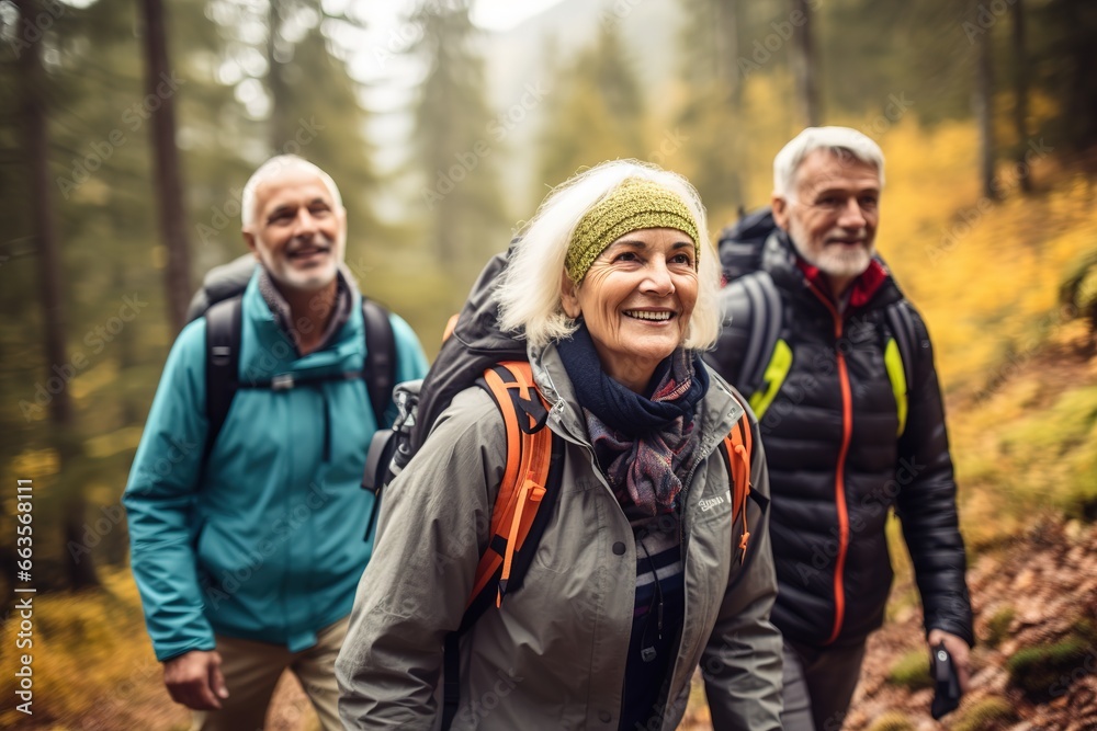 A group of seniors goes mountain hiking. Ai generative A group of seniors goes mountain hiking. Ai generative