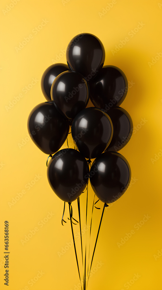 Black balloons with yellow background. Black Friday and Cyber Monday. Black balloons with yellow background. Black Friday and Cyber Monday.
