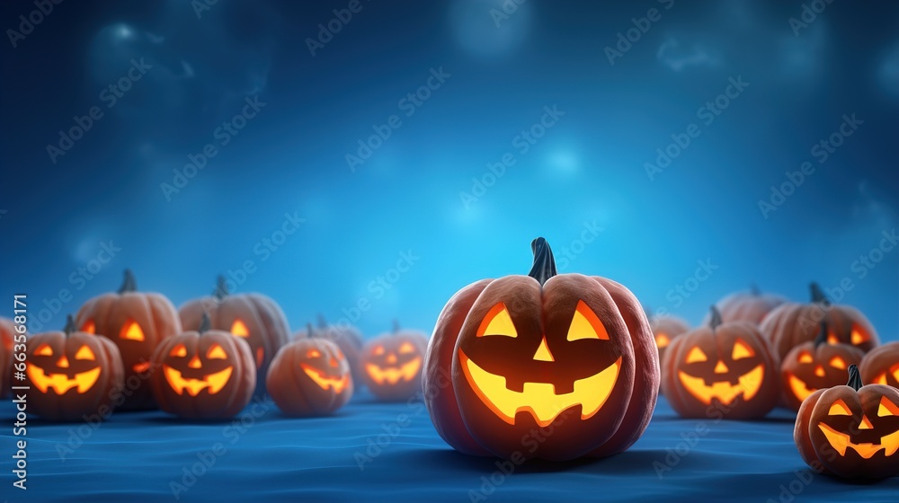 Fototapeta premium Halloween Pumpkin on a blue background. Ai generative