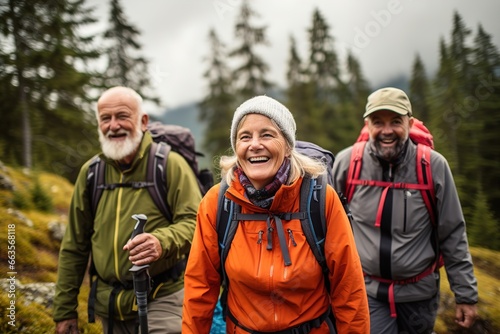 A group of seniors goes mountain hiking. Ai generative