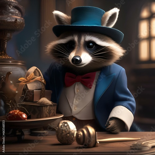 A rambunctious raccoon in a magician's attire, pulling a rabbit out of a hat2 photo