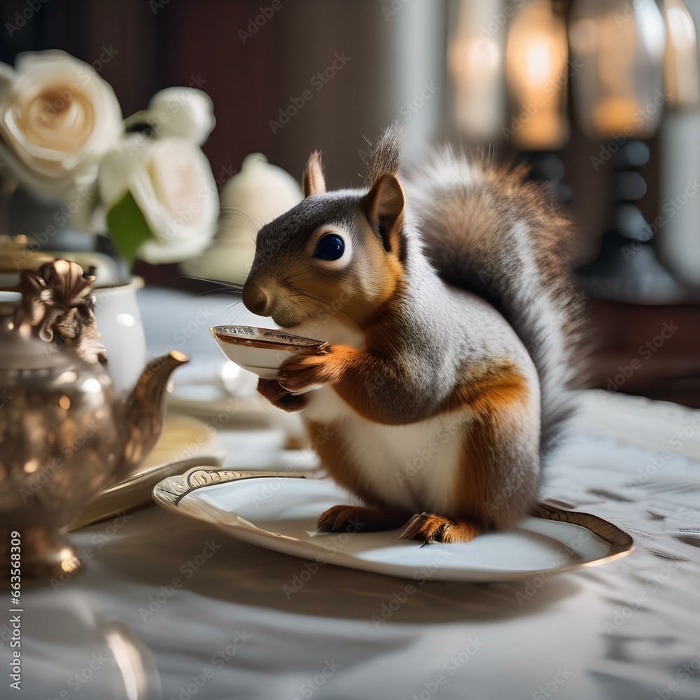 A sophisticated squirrel in a Victorian-era dress, enjoying afternoon tea3 - obrazy, fototapety, plakaty 