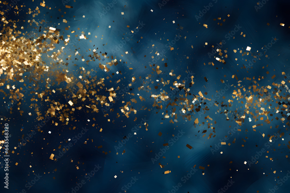 Glittering golden confetti shower on a deep blue canvas Glittering golden confetti shower on a deep blue canvas