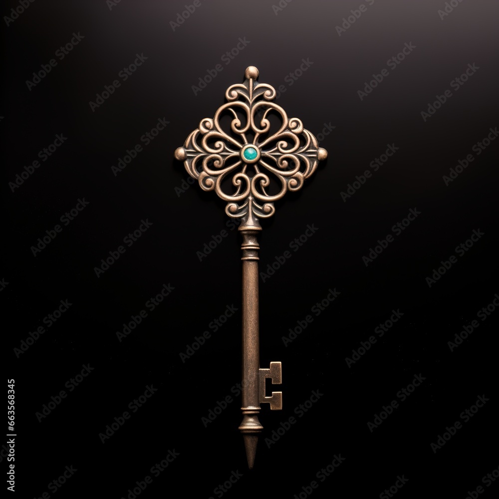 Metal decorative key on a black background. Ai generative Metal decorative key on a black background. Ai generative