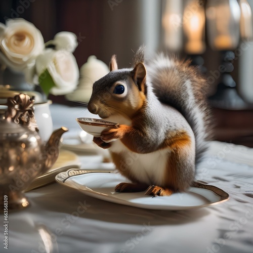 A sophisticated squirrel in a Victorian-era dress, enjoying afternoon tea3