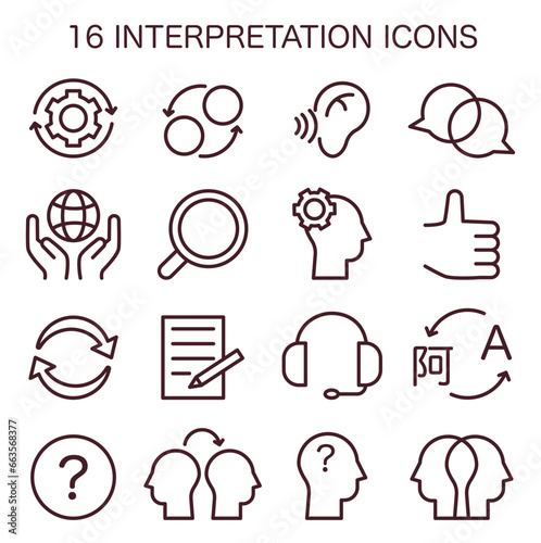 Interpretation icons set. Data literacy. Information understanding, analysis