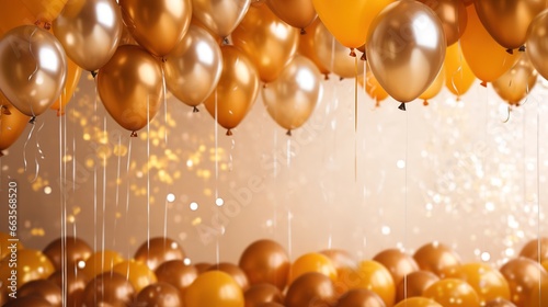 Party balloons, decoration background for birthday, anniversary, wedding, holiday, beige, black and gold glitter color composition, with space for text. Ai generative