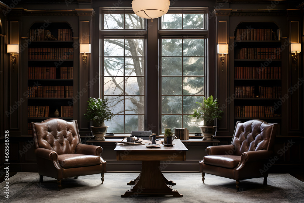 Classic study room with leather chairs and built-in bookcases  - obrazy, fototapety, plakaty 