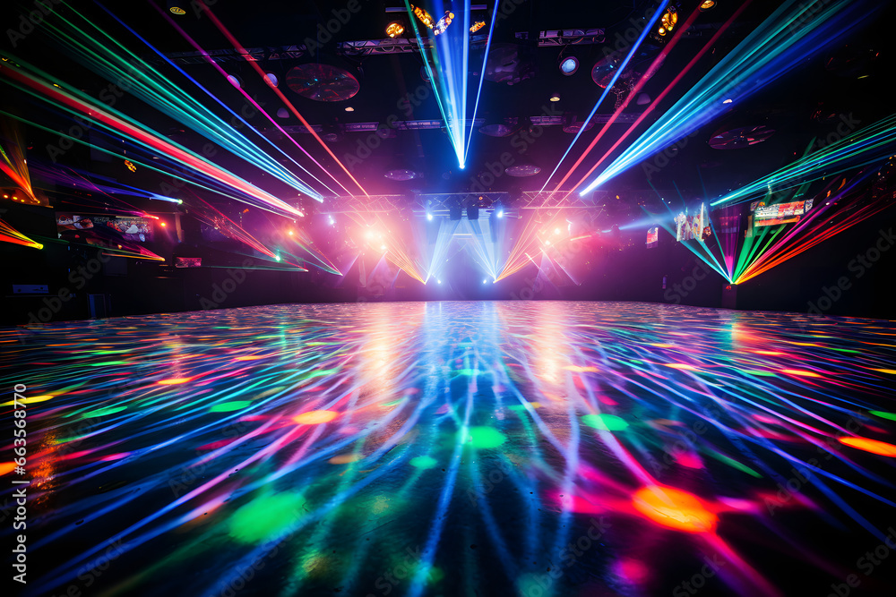  Colorful laser lights illuminating a dance floor  - obrazy, fototapety, plakaty 