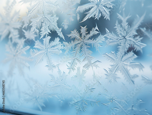 A close-up photograph of intricate snowflakes or frost patterns on a window, vintage-inspired, in raw format. © Szalai