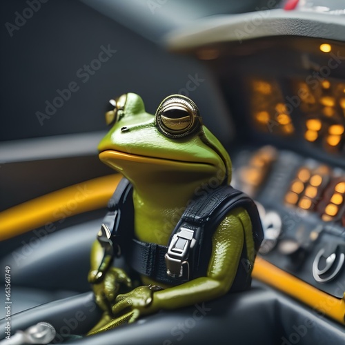A frog in a pilot's uniform, seated in the cockpit of a tiny airplane1 photo