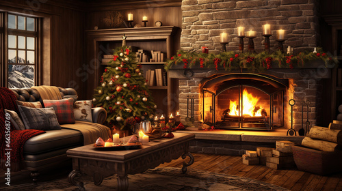 A cozy  traditionally decorated room for Christmas. Ai generative