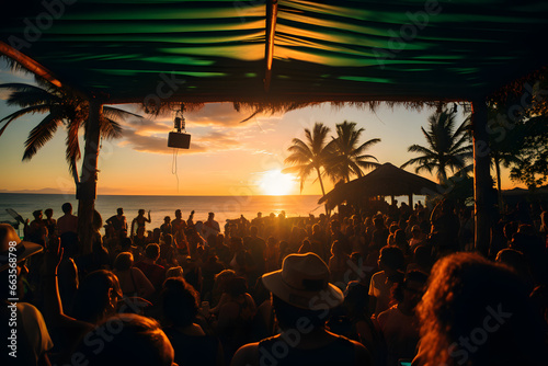  Crowd swaying to live reggae music at a beach bar 