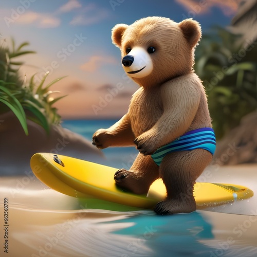 A beach-loving bear in swim trunks, surfing on a small surfboard4 photo