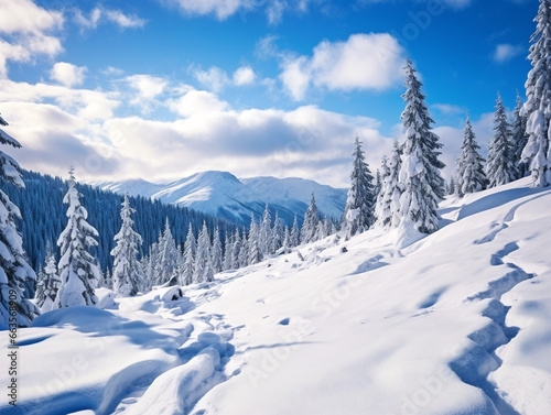 A majestic mountain range covered in glistening snow under a bright blue sky.