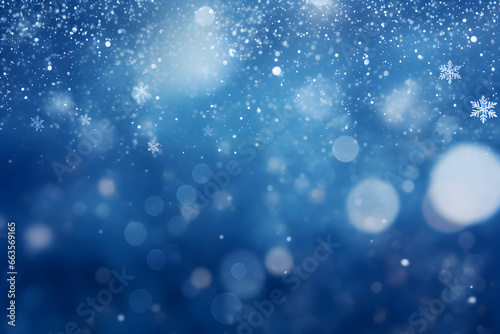Swirling snowflakes against a deep blue bokeh backdrop 