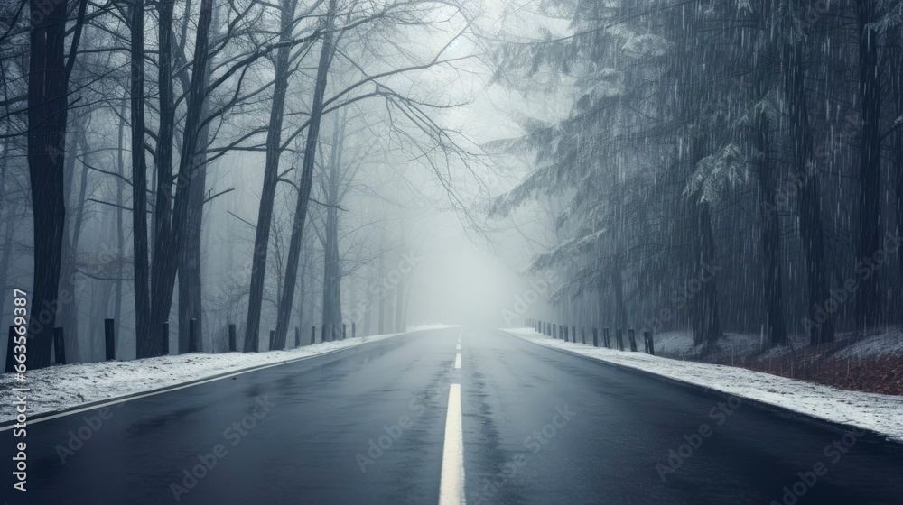 Obraz premium Road in winter. Straight road in the middle of a snowy forest. Driving through the fog