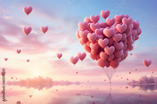 Whimsical heart-shaped balloons floating against a pastel sky 
