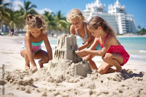 Young children building sandcastles at a sunny Beach 