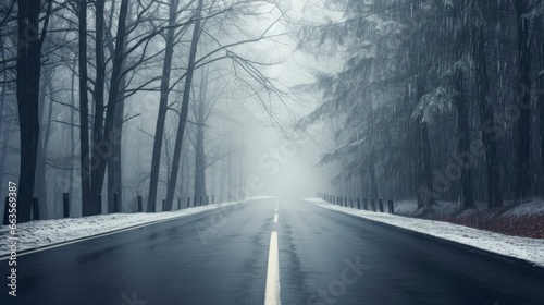 Road in winter. Straight road in the middle of a snowy forest. Driving through the fog © Neda Asyasi