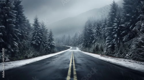 Road in winter. Straight road in the middle of a snowy forest. Driving through the fog