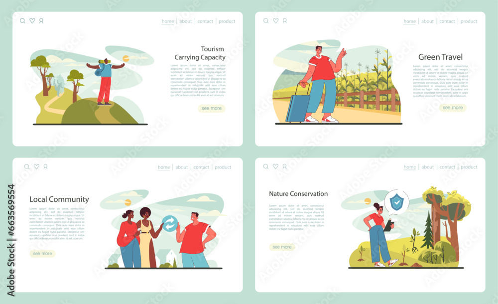 Sustainable tourism web banner or landing page set. Ecotourism, eco-friendly
