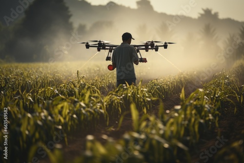 Farmer controls drone flying over the fields to spraying fertilizer. Agricultural smart farm technologies. © hutangach