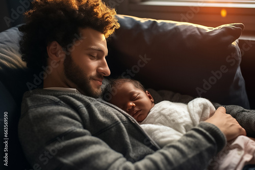 The portrait of a man holding his baby and sleeping on a sofa of a living room together  Generative AI.