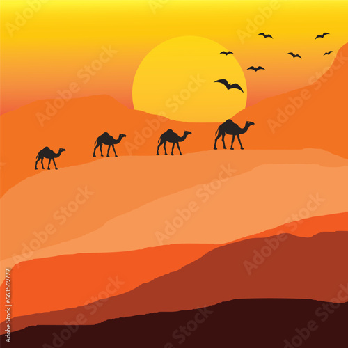 Background of camel caravan crossing the desert