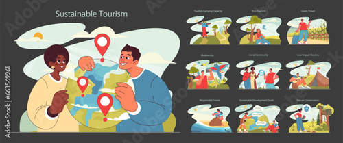 Sustainable tourism dark or night mode set. Ecotourism, eco-friendly