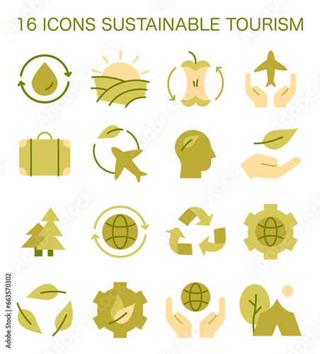 Sustainable tourism icons set. Symbols of ecotourism, eco-friendly recreation