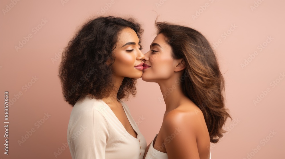 Studio shot of a diverse queer lesbian couple passionately kissing against a vibrant color backdrop. Studio shot of a diverse queer lesbian couple passionately kissing against a vibrant color backdrop.
