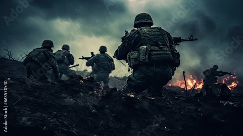 Soldiers equipped with firearms navigating through wooded terrain, amidst smoky battlefield.