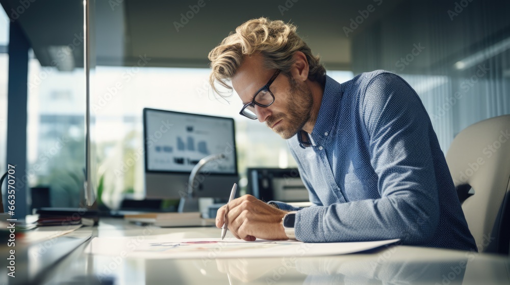 Office worker wearing glasses actively writing on a whiteboard, engaged in note-taking.