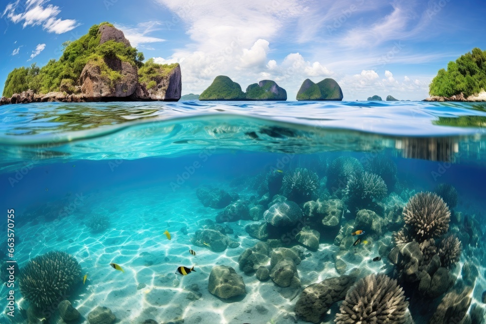 Stunning split shot of tropical islands above and thriving marine life below. Clear waters revealing beautiful coral reefs.
