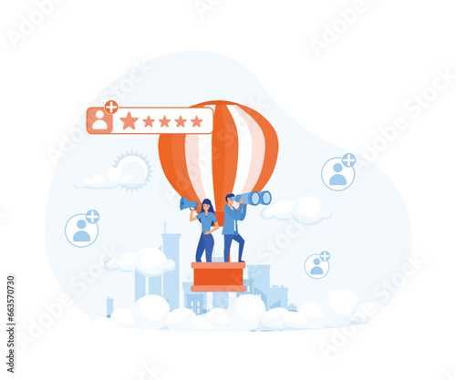Hiring illustration set. Hr managers flying on air balloon, searching job candidate and reading CV. flat vector modern illustration