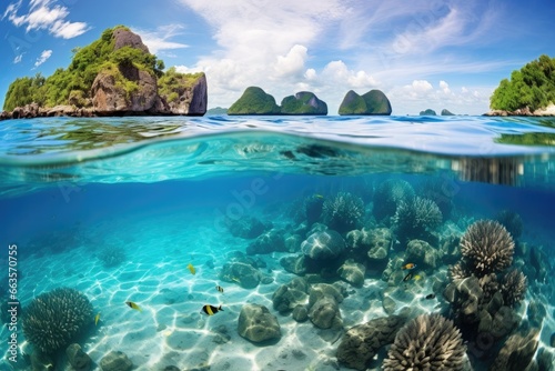 Stunning split shot of tropical islands above and thriving marine life below. Clear waters revealing beautiful coral reefs.