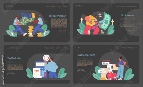 Tax optimization web banner or landing page dark or night mode set.