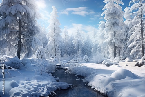Pristine snowy landscape with dense coniferous trees and gentle flowing river. Winter wonderland.