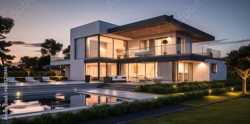 A large modern villa with pool in the evening
