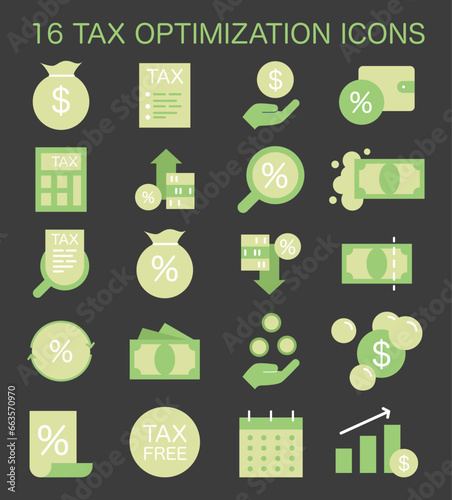 Tax optimization icon dark or night mode set. Simple symbols of financial