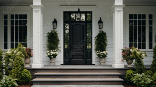 Front door of a white house with stairs and lots of plants